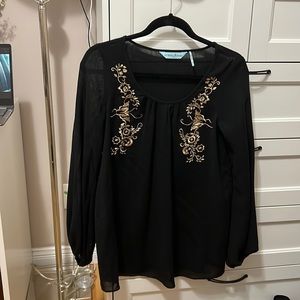 MARCIANO SCOOP EMBROIDERED LONG SLEEVE BLOUSE